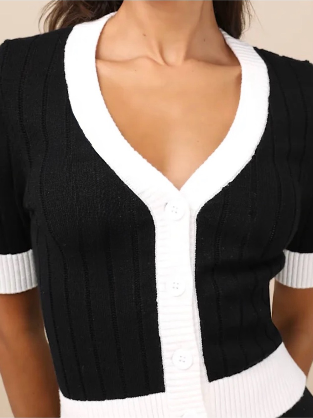 Lulus Posh Vibes Black and Ivory Short Sleeve Cardigan Sweater Top